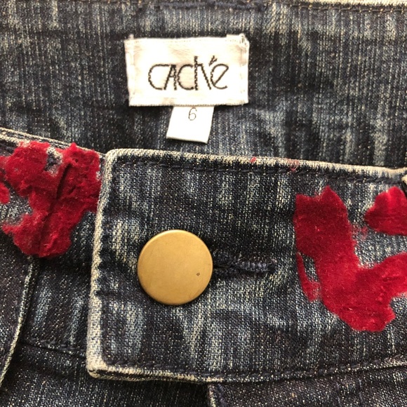 Cache Women's Dark Wash Novelty Denim Size 6 with Design on Waist and Pockets - Picture 6 of 16